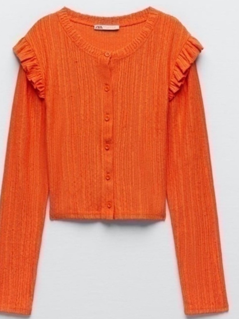 Zara Vibrant Orange Ribbed Button Cardigan with Ruffle Shoulders - Picture 5 of 11